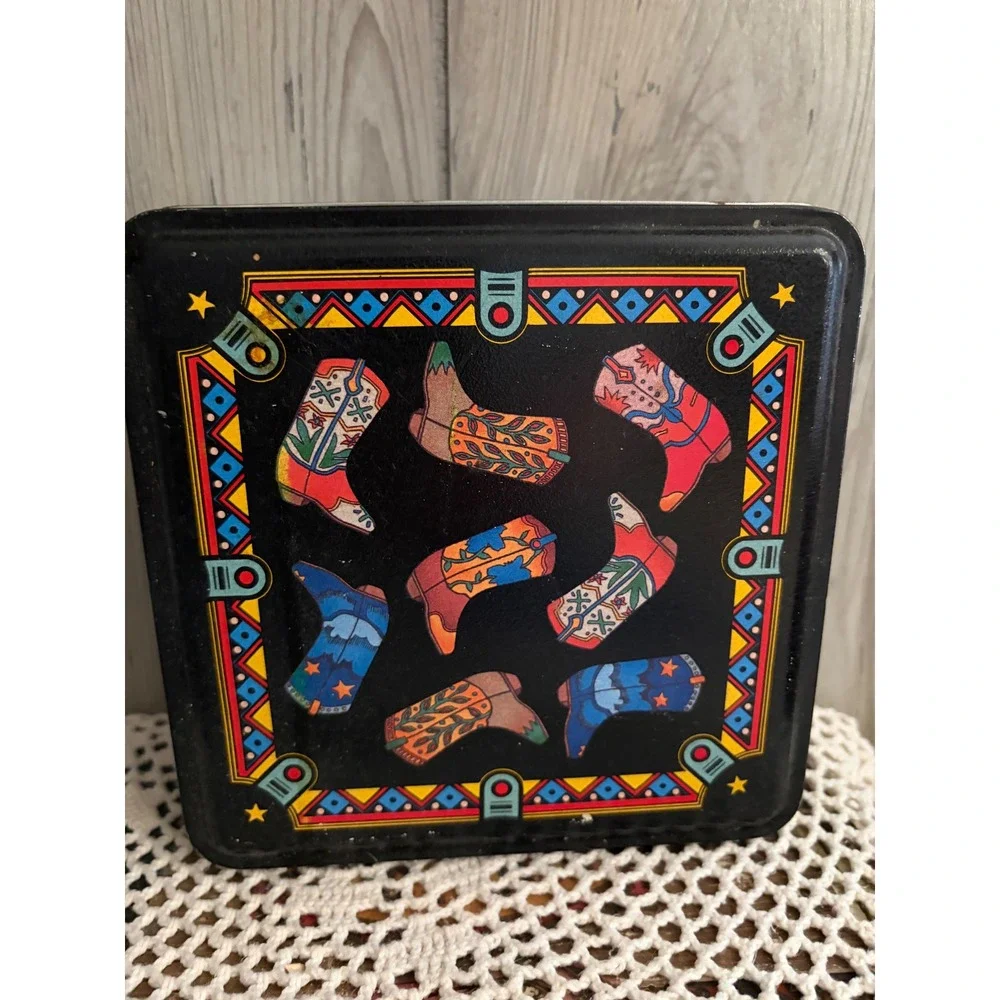Vintage Cowboy Boot Metal Storage Tin Western Southwestern Collectible Box 6x6